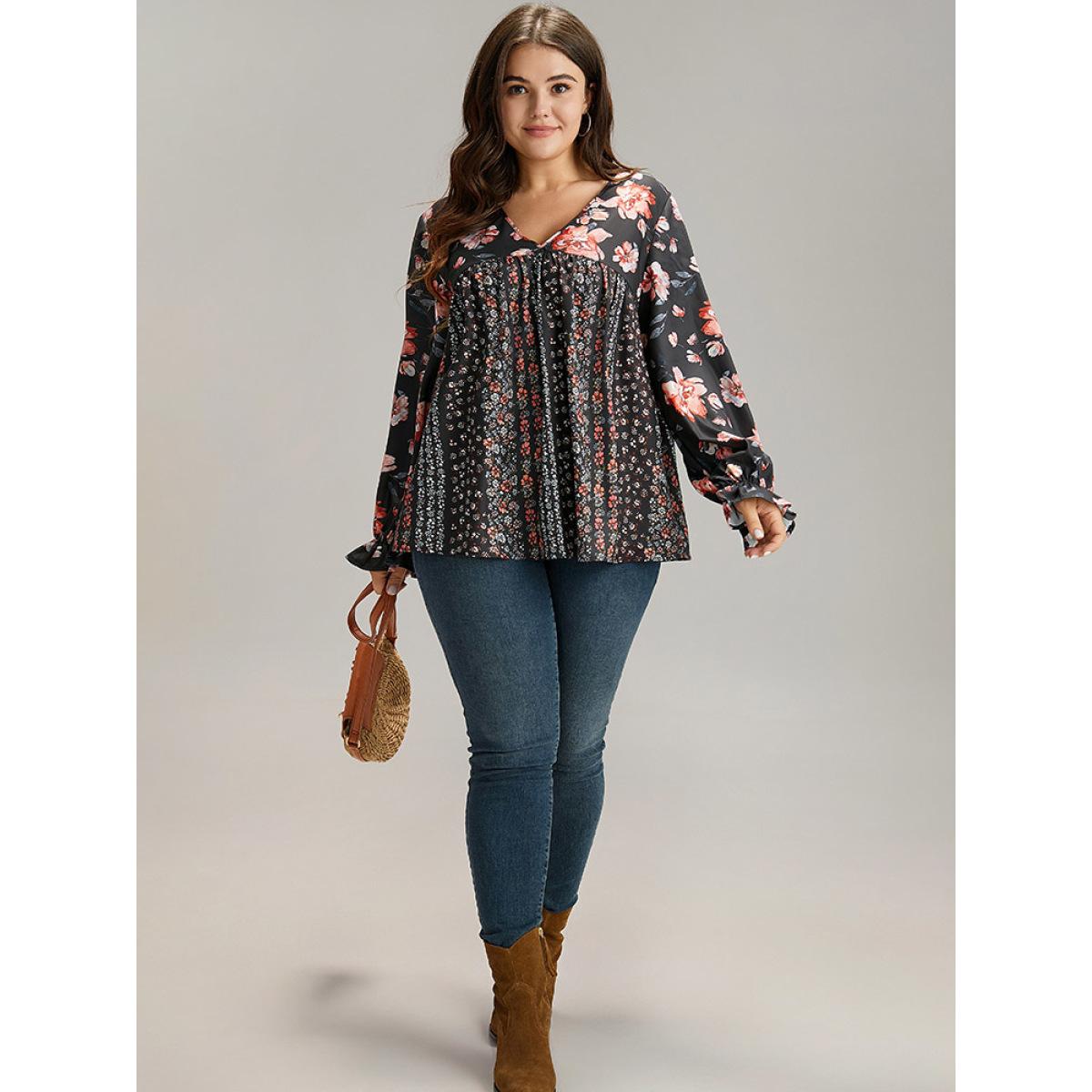 Plus Size BlackFlower Floral Print Flutter Sleeve Patchwork Blouse Women Elegant Long Sleeve V-neck Dailywear Blouses BloomChic 10/M Product Image