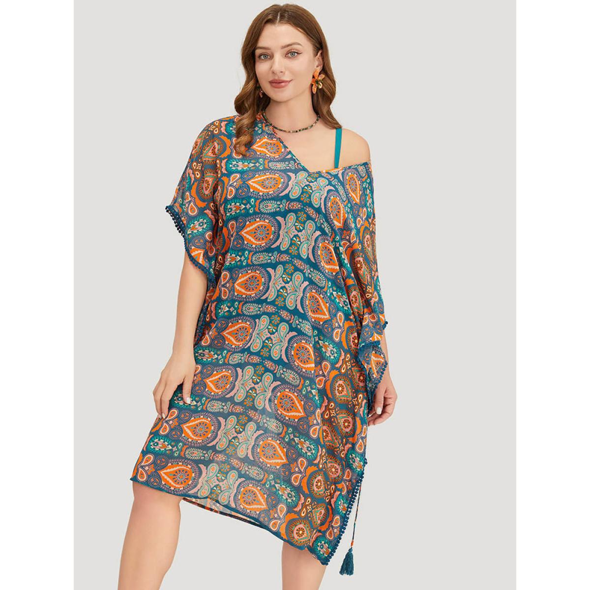 Plus Size Paisley Print Dolman Sleeve Tassels Pompom Trim Cover Up Women Multicolor Vacation See through Loose Belt Dailywear Kimonos BloomChic 10/M Product Image