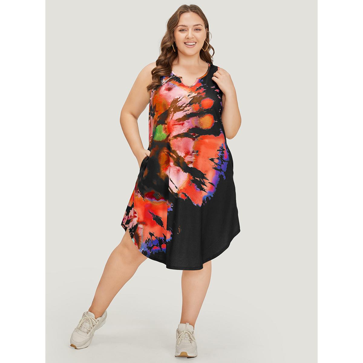 Plus Size Tie Dye Notched Pocket Arc Hem Tank Dress Red Women Casual Arc Hem Notched collar Sleeveless Curvy Midi Dress BloomChic 22-24/3X Product Image