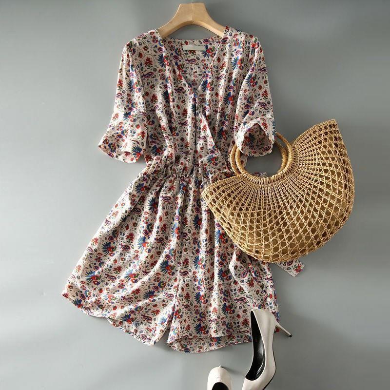 Short-Sleeve V-Neck Floral Paisley Print Romper Product Image