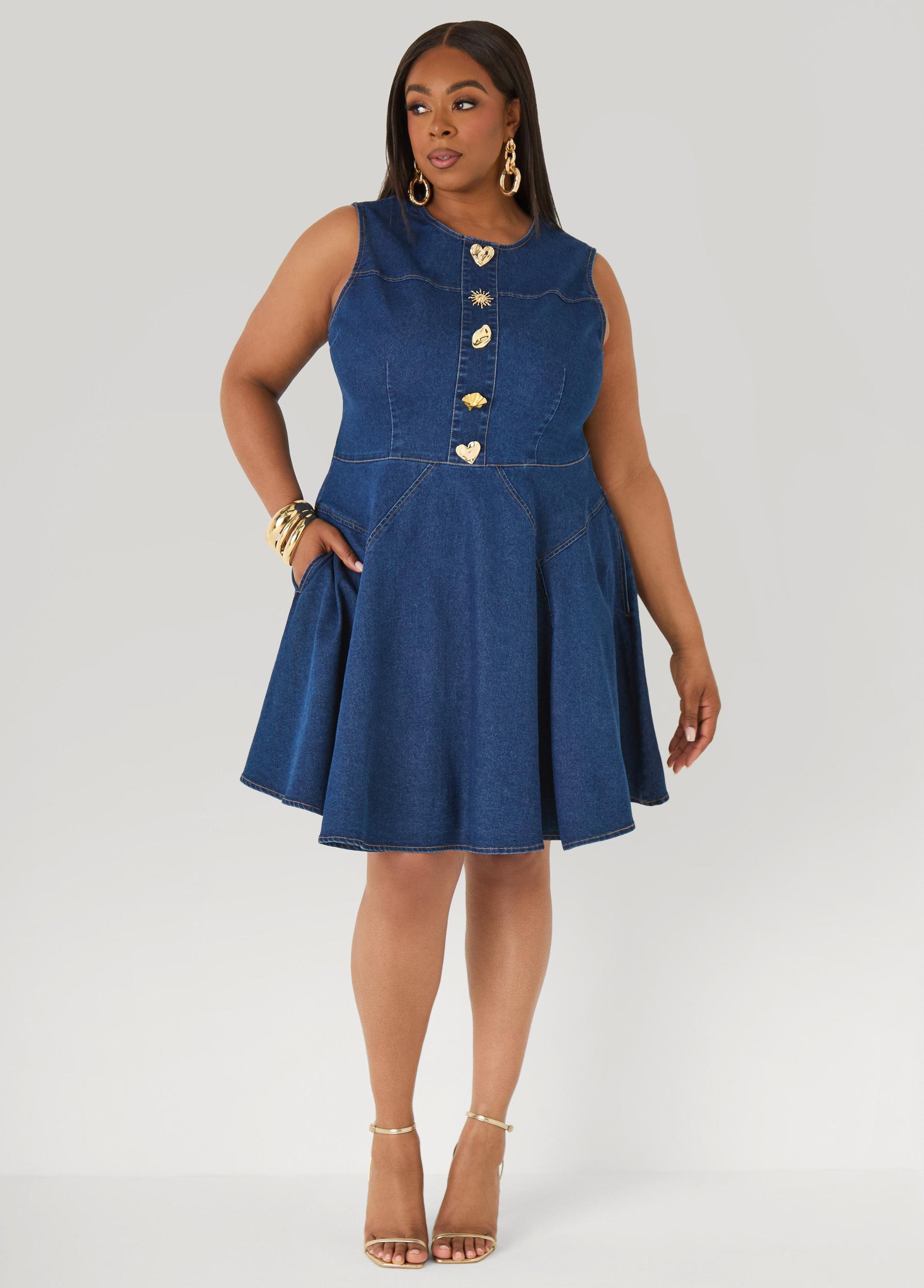 Button Embellished Denim Dress Product Image