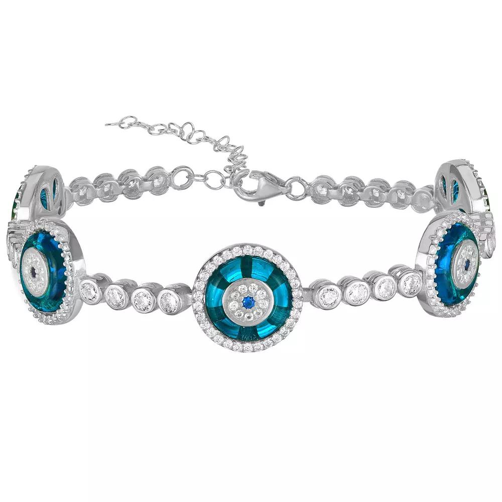 Sunkissed Sterling Sterling Silver Cubic Zirconia Evil Eye Link Bracelet, Womens Silver Tone Product Image