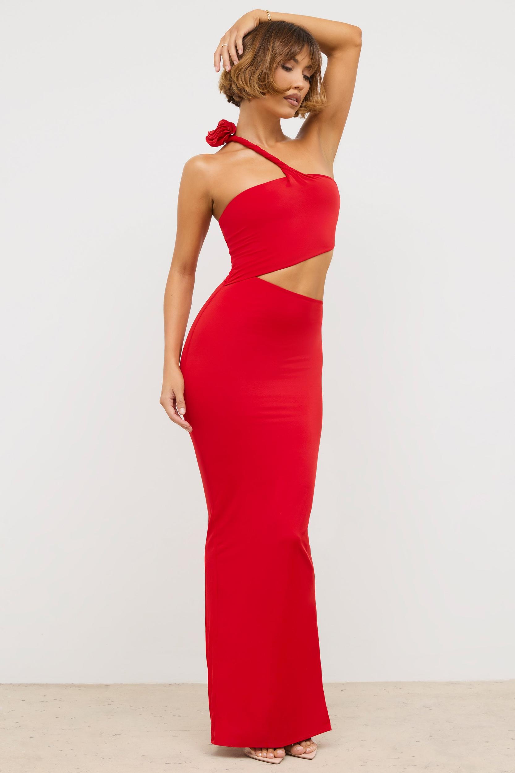 Premium Jersey Asymmetric Cut Out Maxi Dress  in Scarlet Red Product Image