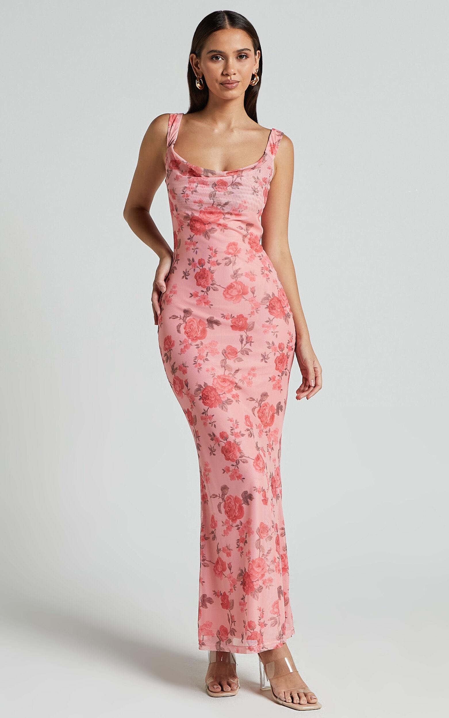 Nadine Maxi Dress - Cowl Neck Low Back Mesh Slip Dress in Pink Floral Product Image