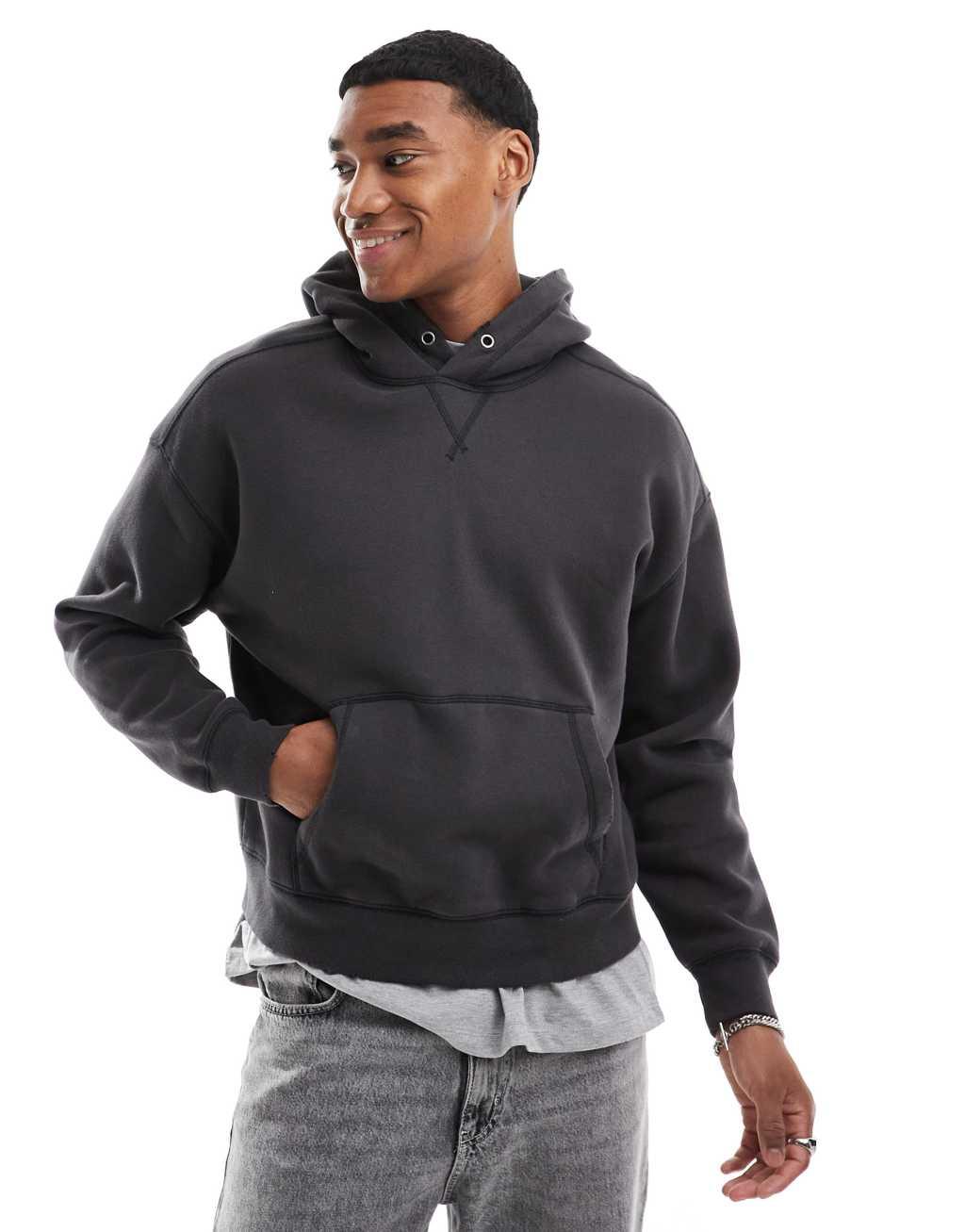 Hollister contrast stitch cropped hoodie in black Product Image