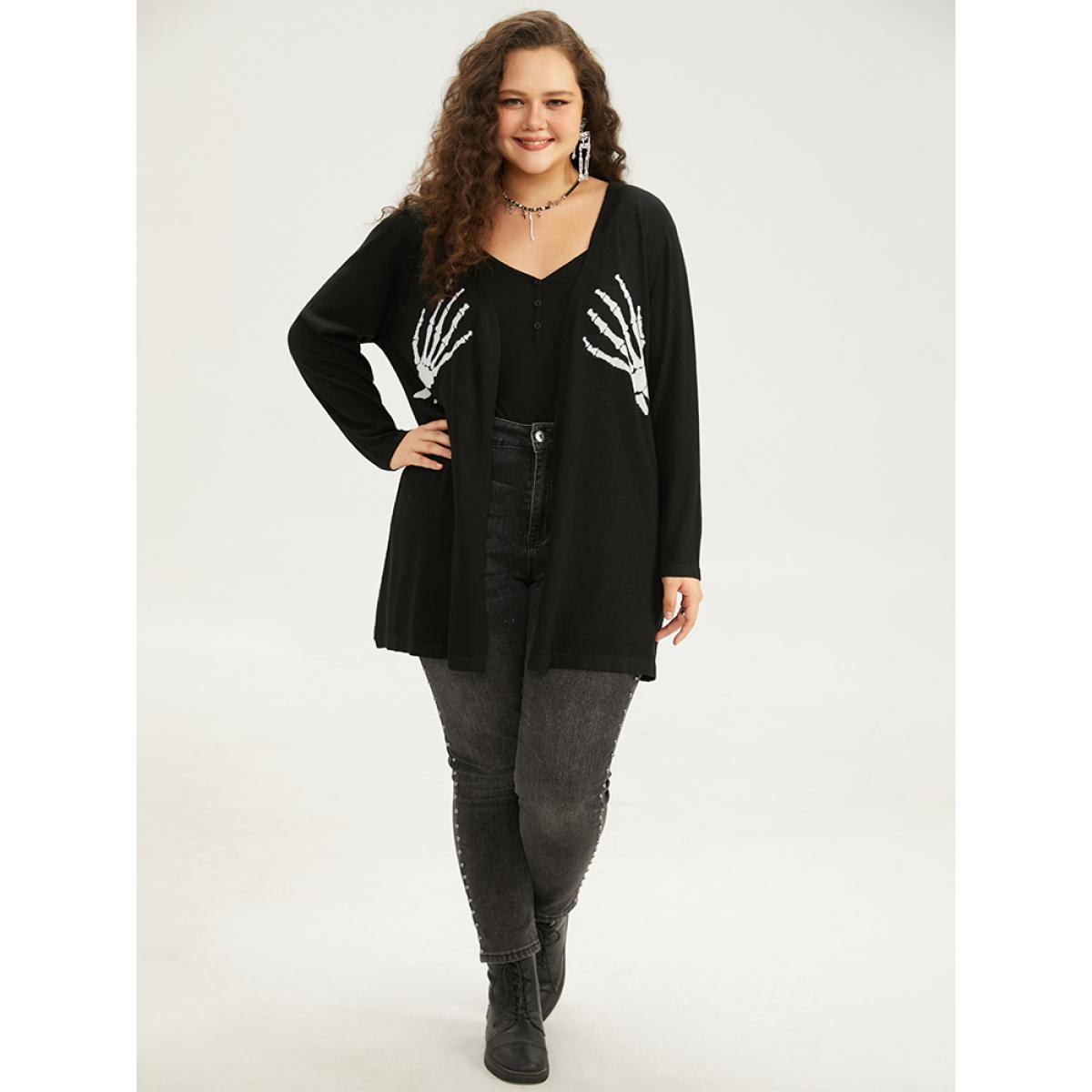 Plus Size Supersoft Essentials Halloween Skull Print Open Front Cardigan Black Women Casual Long Sleeve Festival-Halloween Cardigans BloomChic 10/M Product Image