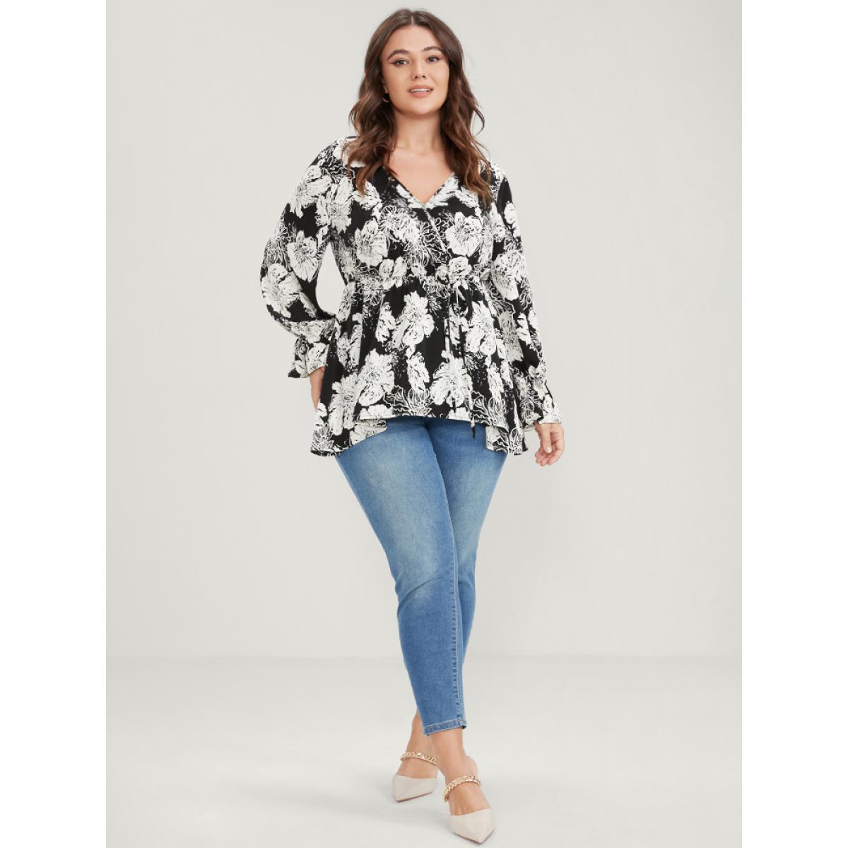 Plus Size Black Floral Lantern Sleeve Tie Up Asymmetrical Hem Wrap Blouse Women Elegant Long Sleeve V-neck Dailywear Blouses BloomChic 22-24/3X Product Image
