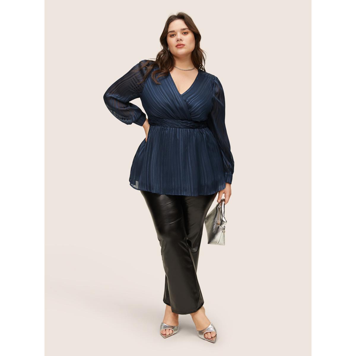 Plus Size Indigo Texture Ruched Mesh Wrap Blouse Women Cocktail Long Sleeve Overlap Collar Party Blouses BloomChic 28/5X Product Image