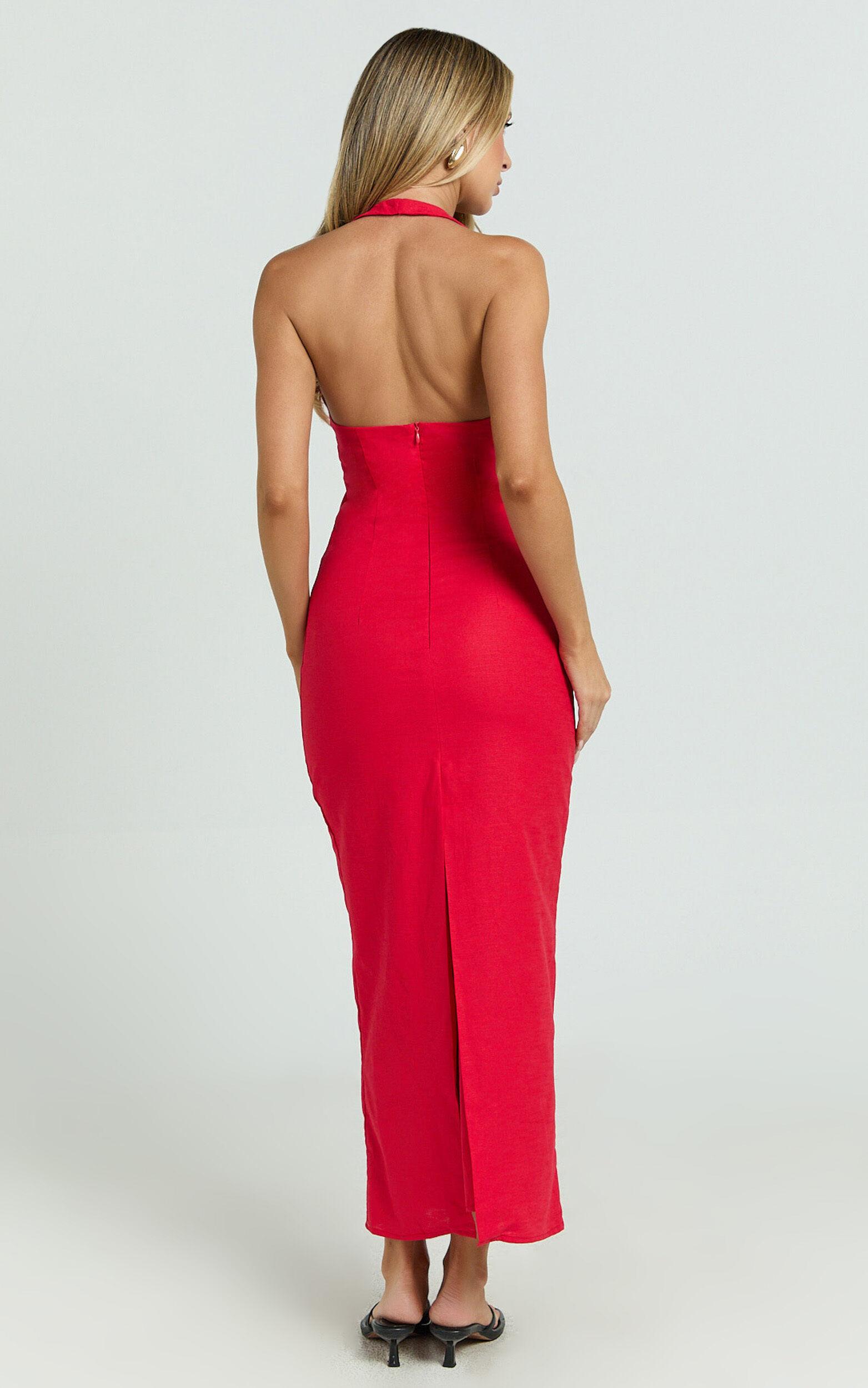 Lyla Midi Dress - Tie Front Plunge Halter Linen Blend Dress in Red Product Image