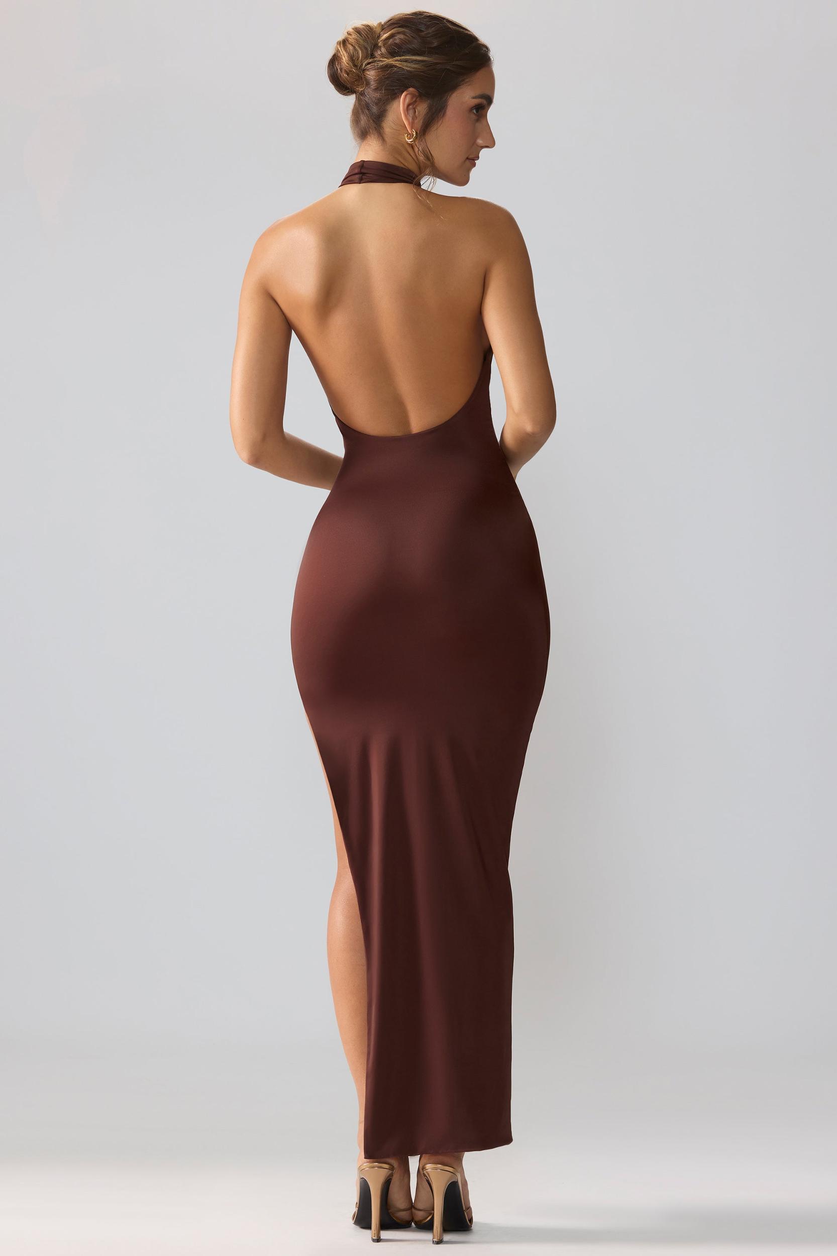 Premium Jersey Cowl Neck Backless Maxi Dress in Espresso Product Image