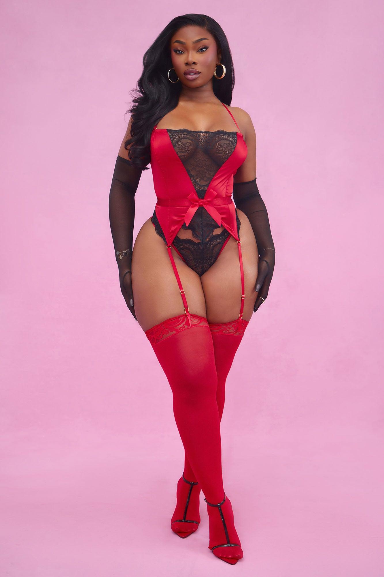 Hot And Unbothered Satin Lace Bustier 2 Piece Garter Set - Red Product Image