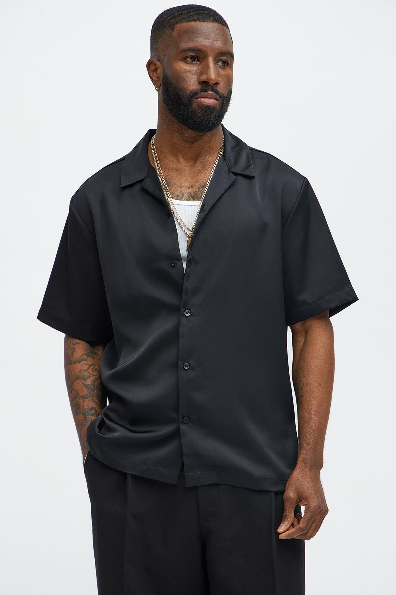 Links Satin Short Sleeve Button Up Shirt - Black Product Image