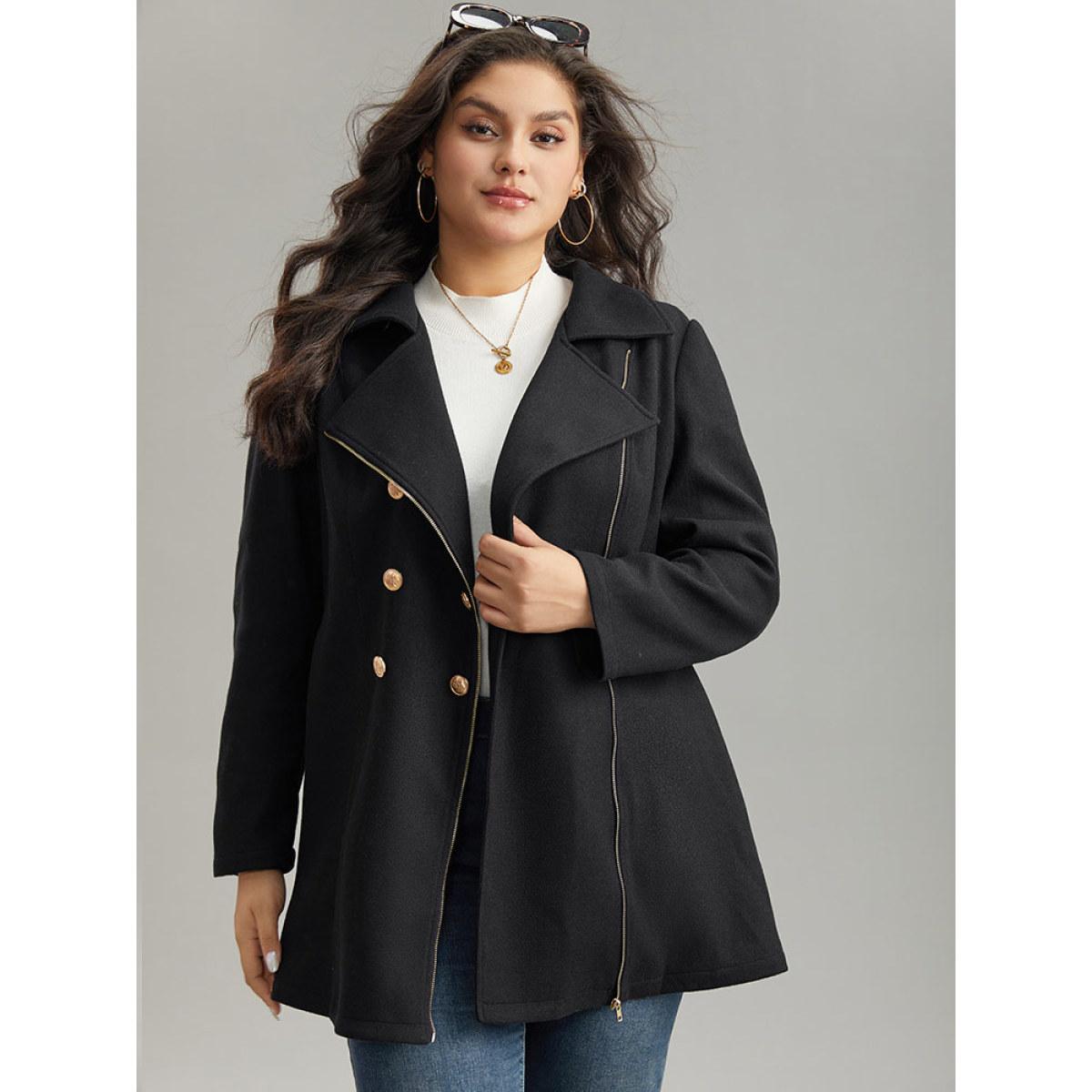 Plus Size Asymmetrical Neck Buckle Detail Zipper Coat Women Black Casual Texture Ladies Dailywear Winter Coats BloomChic 22-24/3X Product Image