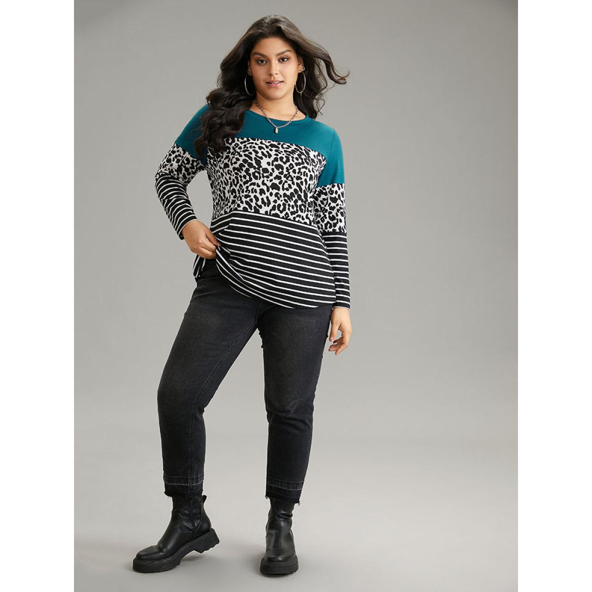 Plus Size Striped Leopard Patchwork Contrast Round Neck T-shirt Multicolor Women Casual Contrast Leopard Round Neck Dailywear T-shirts BloomChic 22-24/3X Product Image