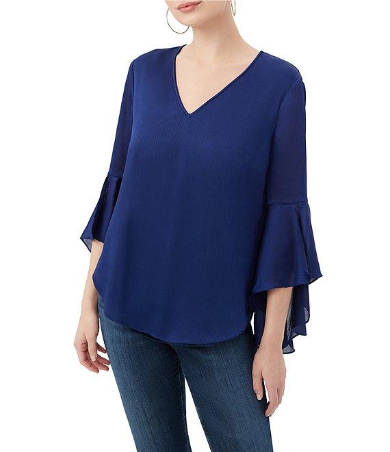 Trina Turk Yuki Crinkle Georgette V-Neck 3/4 Bell Sleeve Blouse Product Image