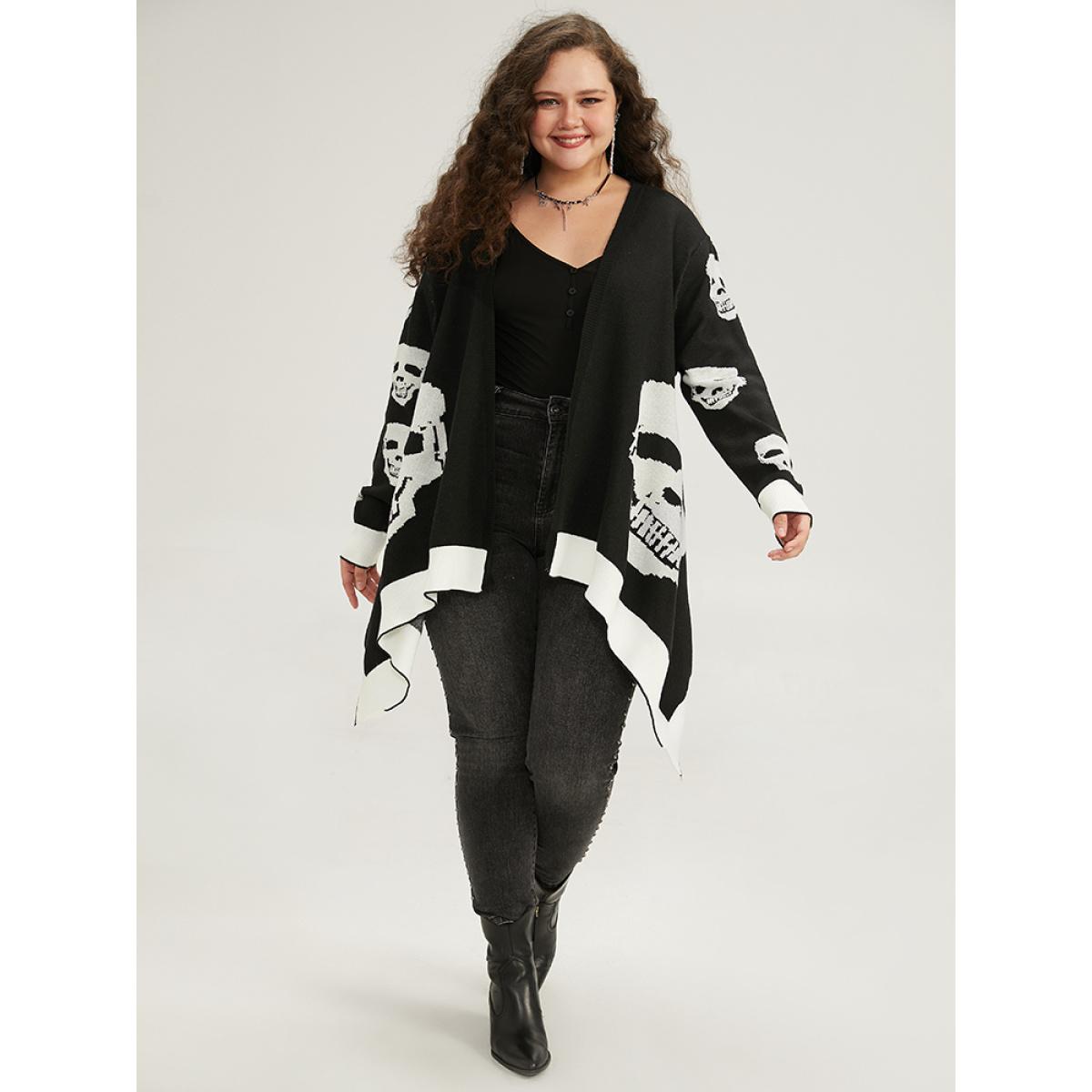 Plus Size Supersoft Essentials Halloween Skull Asymmetrical Hem Cardigan Black Women Casual Loose Long Sleeve Festival-Halloween Cardigans BloomChic 14-16/1X Product Image