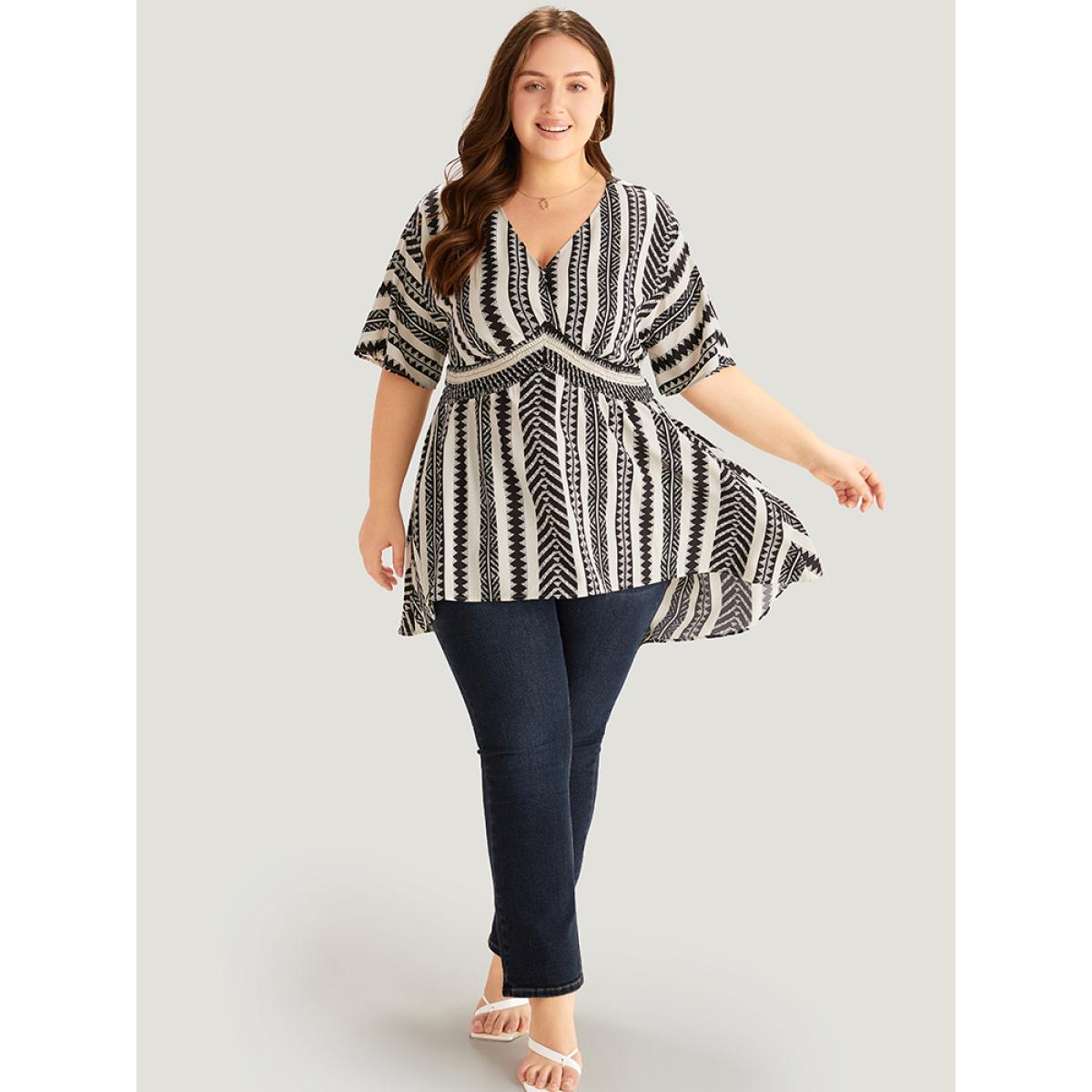 Plus Size White Bandana Print High Low Hem Patchwork Blouse Women Elegant Short sleeve Deep V-neck Vacation Blouses BloomChic 22-24/3X Product Image