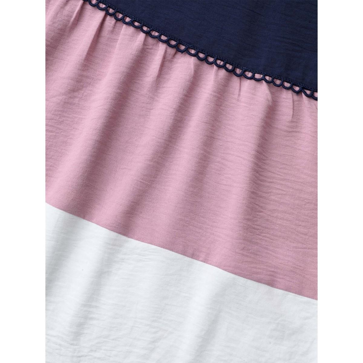 Plus Size Indigo Color Contrast High Low Hem Patchwork Blouse Women Elegant Extra Long Sleeve Round Neck Everyday Blouses BloomChic 12/L Product Image