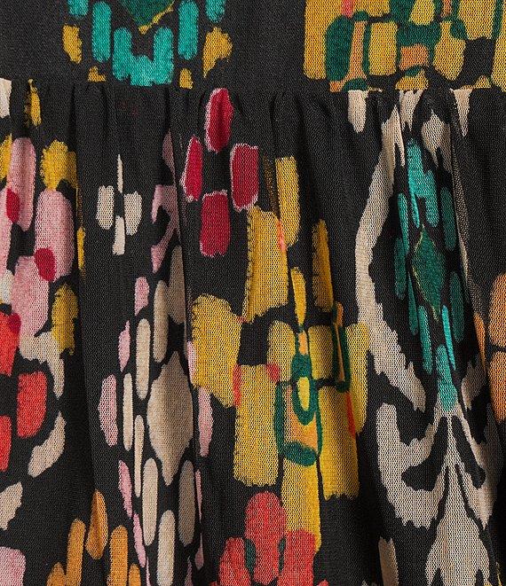 Calessa Plus Size Mesh Knit Abstract Ikat Print Square Neck Elbow Sleeve Tunic Product Image