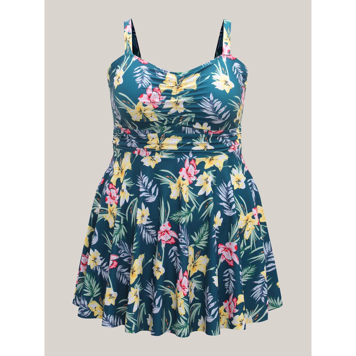 Plus Size Tropical Floral Print Twist Front Swim Dress Women's Swimwear Cyan Beach Bodycon Heart neckline High stretch Curve Swim Dresses BloomChic 28/5X Product Image