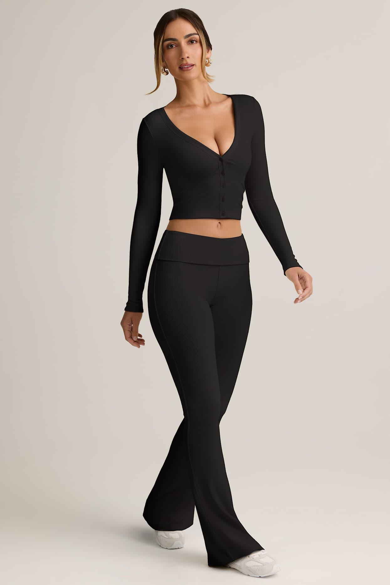 Modal Ribbed Foldover Flared Trousers in Black Product Image