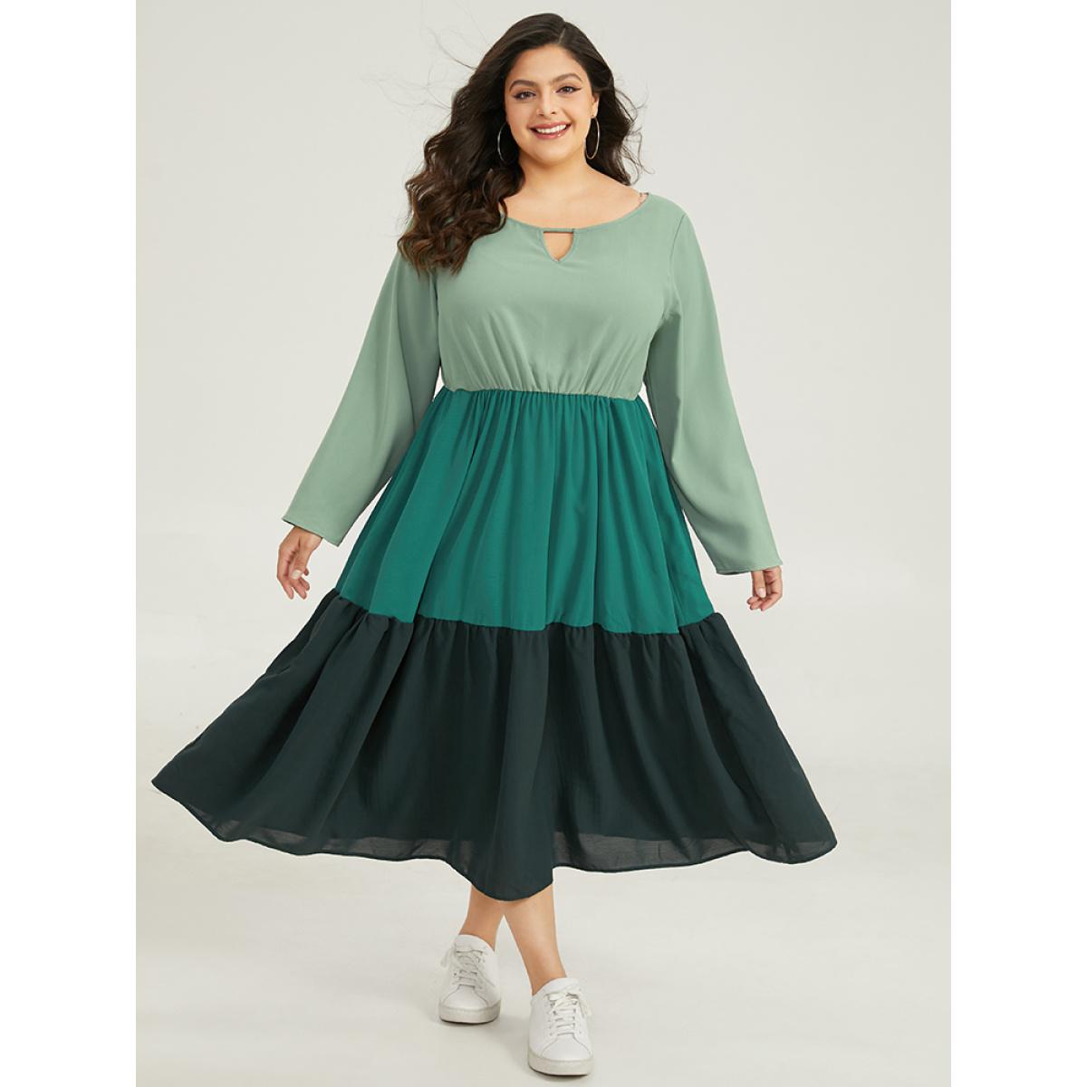 Plus Size Colorblock Contrast Keyhole Layered Hem Dress Mint Women Casual Plain Keyhole Cut-Out Long Sleeve Curvy Midi Dress BloomChic 30/6X Product Image