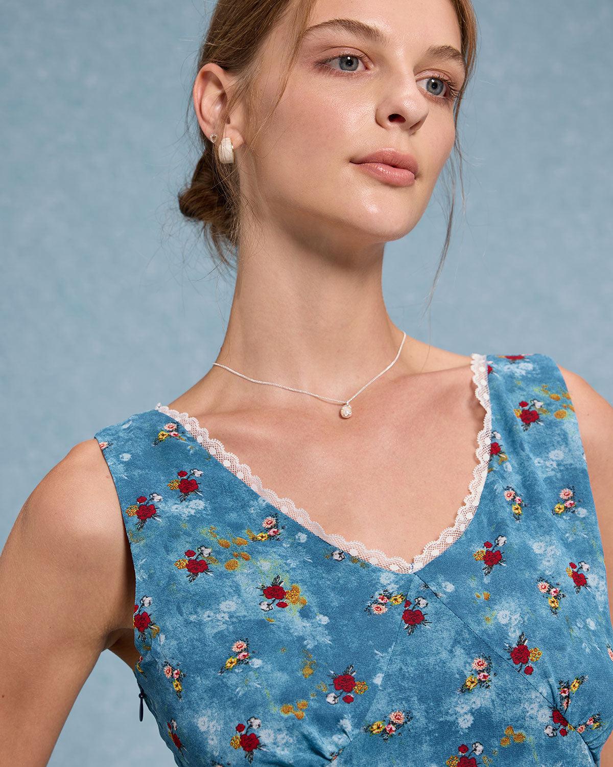 Blue Floral V Neck A-Line Sleeveless Midi Dress Product Image