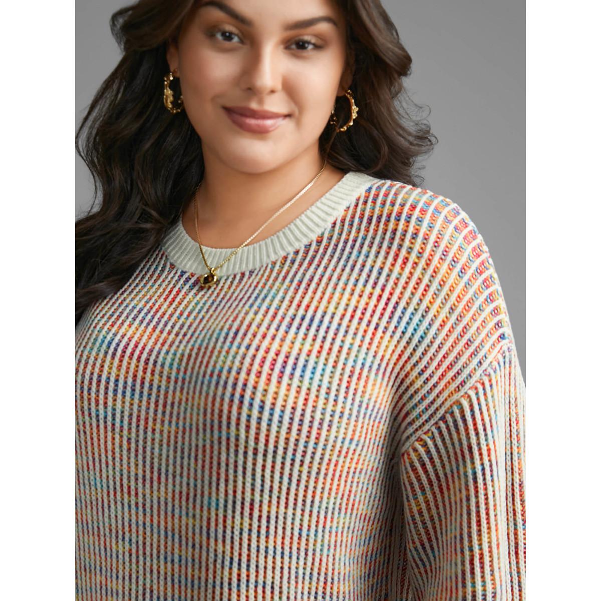 Plus Size Round Neck Texture Contrast Heather Pullover Beige Women Casual Loose Long Sleeve Round Neck Everyday Pullovers BloomChic 28/5X Product Image