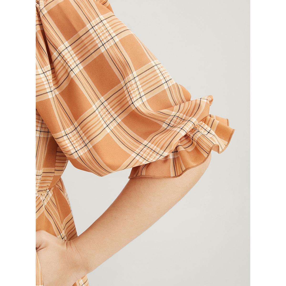 Plus Size Plaid Square Neck Lantern Sleeve Pocket Flutter Dress LightBrown Women Elegant Tiered Square Neck Half Sleeve Curvy Midi Dress BloomChic 22-24/3X Product Image