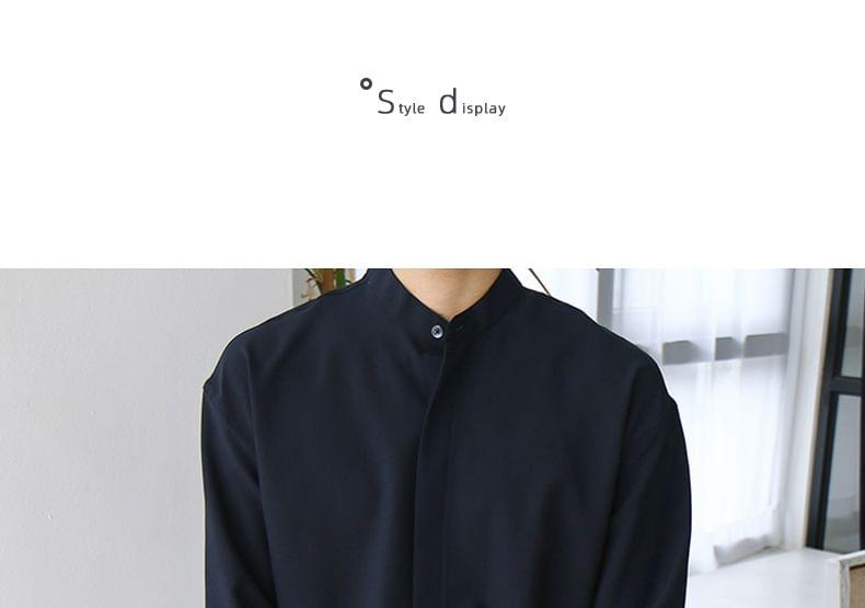 Long Sleeve Band Collar Plain Button Shirt Product Image