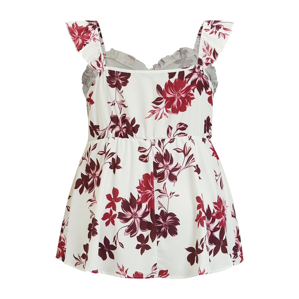 Plus Size Floral Print Babydoll Ruffles Trim Cami Top Women White Elegant Elastic Waist V-neck Dailywear Tank Tops Camis BloomChic 30/6X Product Image