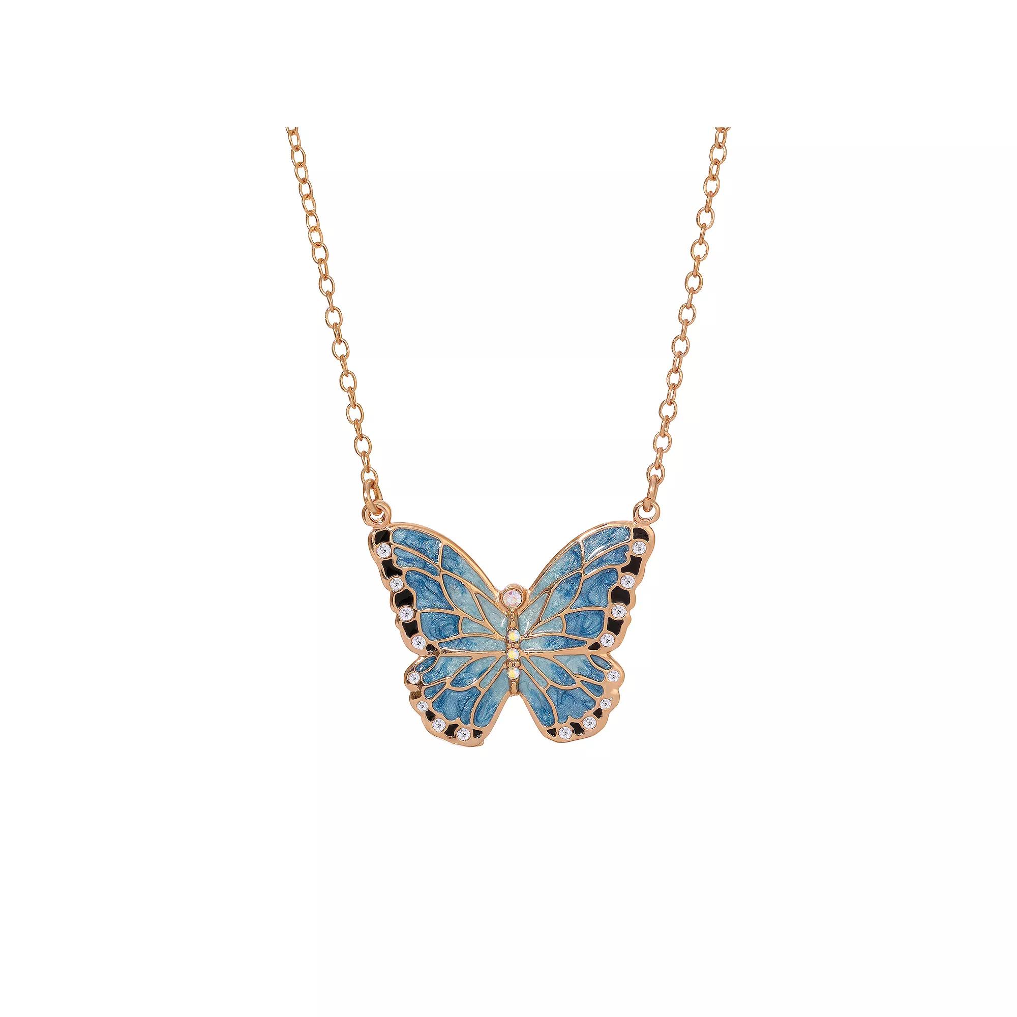 1928 Gold Tone Blue Enamel and Simulated Crystal Butterfly Necklace, Womens Product Image