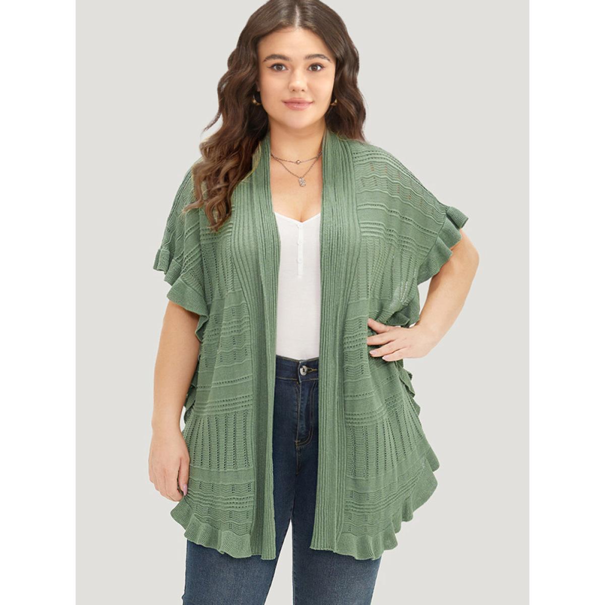 Plus Size Anti-Pilling Plain Ruffles Split Hem Dolman Sleeve Cardigan Green Women Casual Loose Short sleeve Everyday Cardigans BloomChic 30/6X Product Image