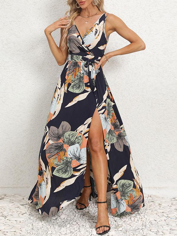A-Line Loose Flower Print Pleated Split-Front Tied Waist V-Neck Maxi Dresses Product Image