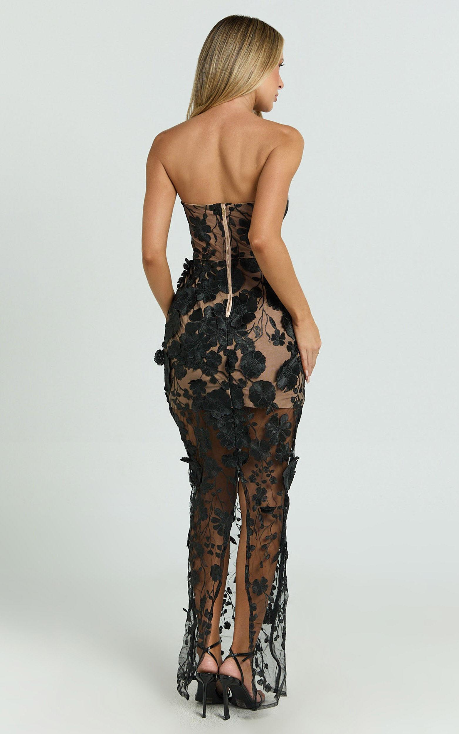 Sienna Maxi Dress - 3D Floral Strapless Column Dress in Black Product Image
