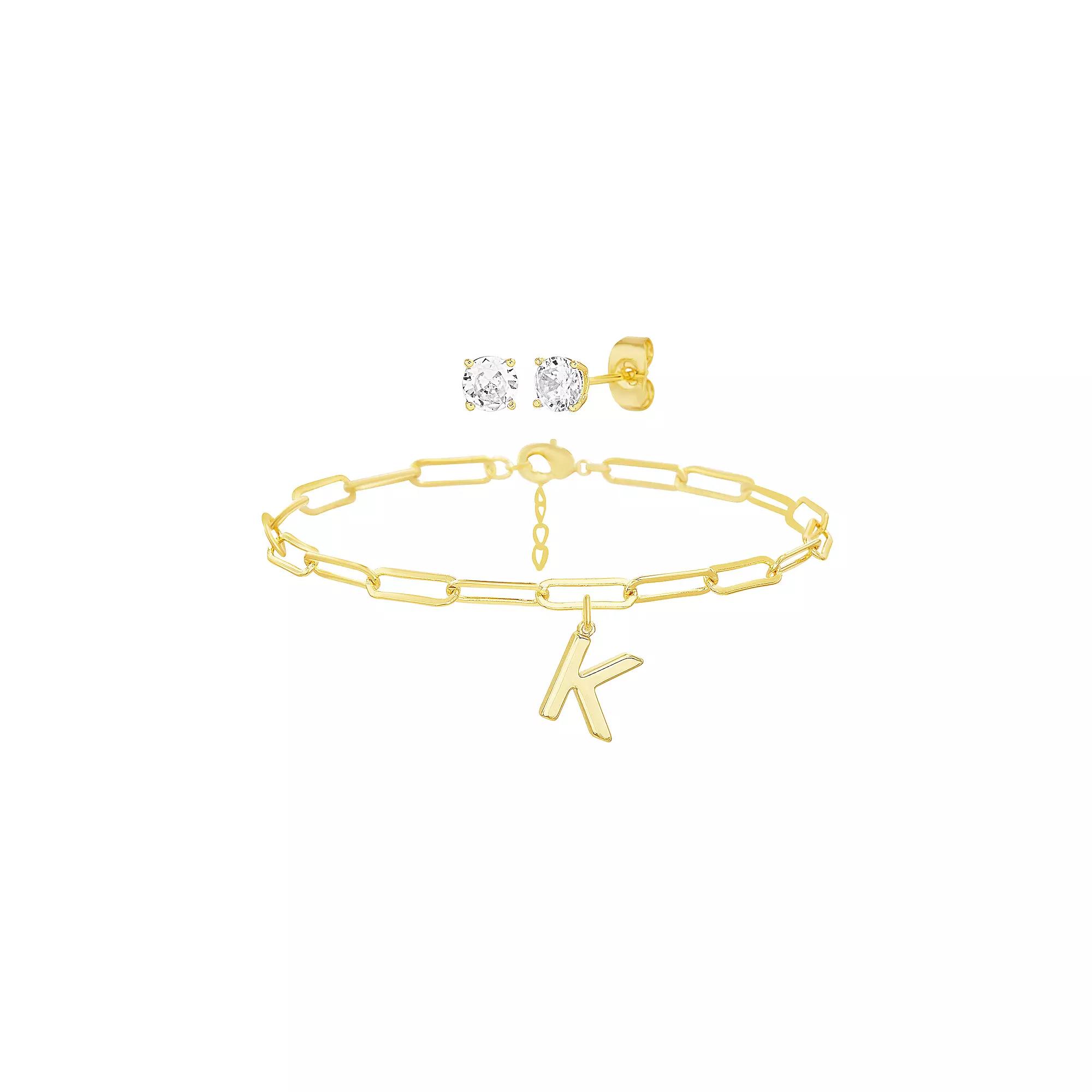 Paige Harper 14k Gold Plated Initial Charm Bracelet & Cubic Zirconia Stud Earring Set, Women's,  Product Image