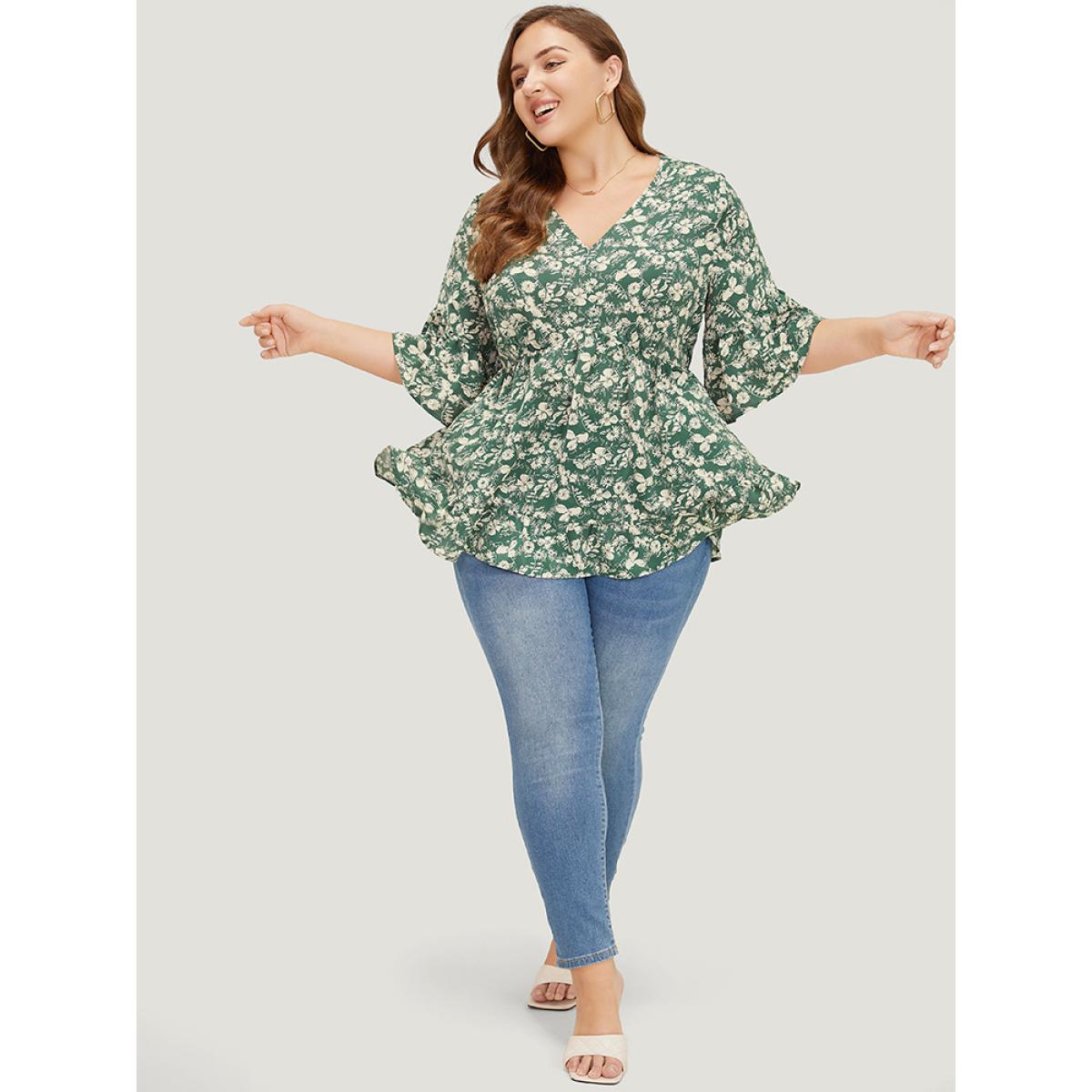 Plus Size Moss Ditsy Floral Bell Sleeve Flutter Hem Blouse Women Elegant Short sleeve V-neck Dailywear Blouses BloomChic 10/M Product Image