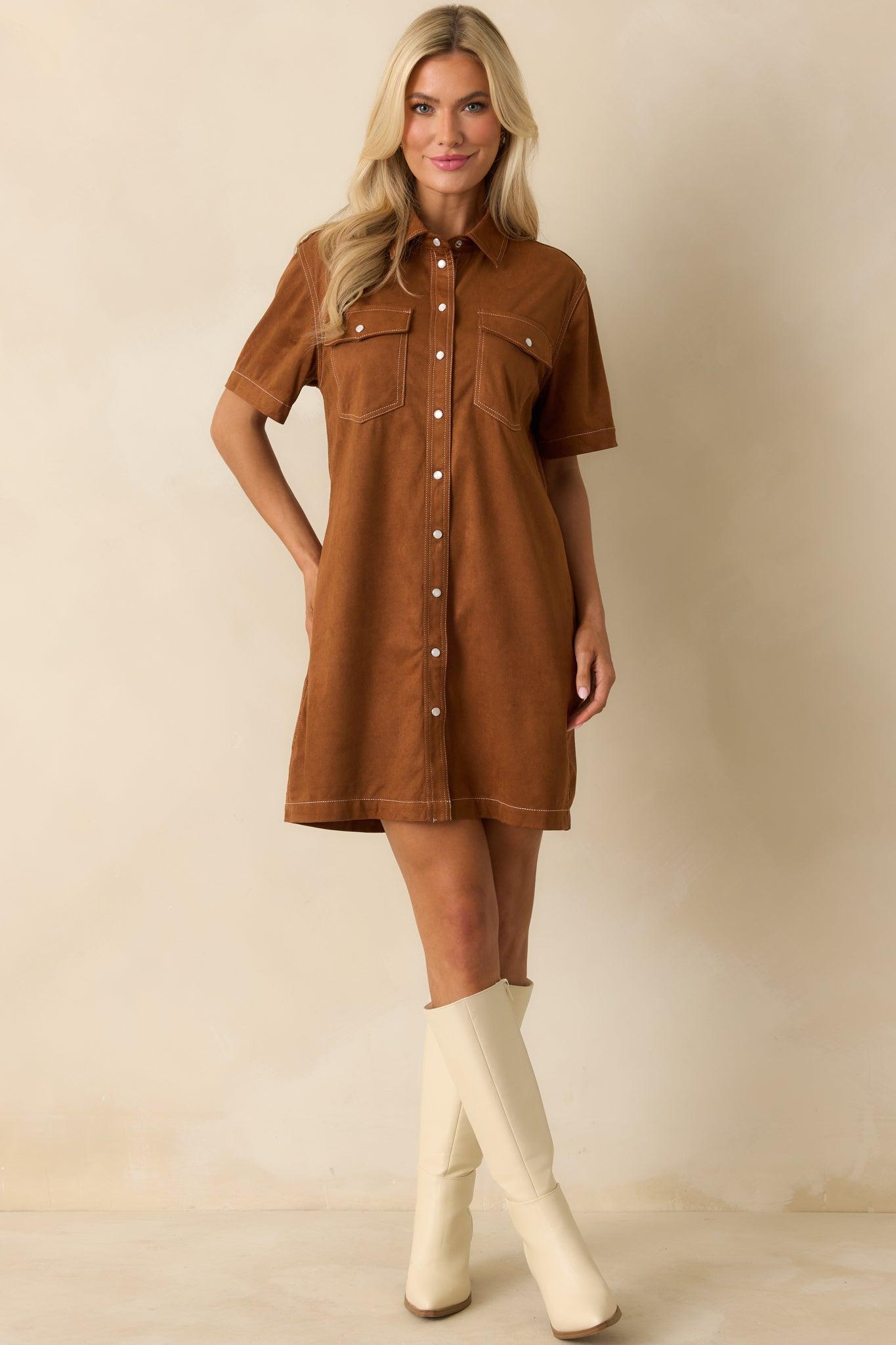 Many Possibilities Cinnamon Brown Button Up Mini Dress L / Brown Product Image