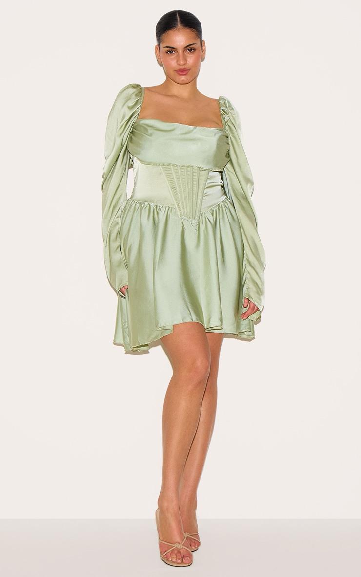 Plus Sage Green Satin Corset Detail Puffball Shift Dress Product Image