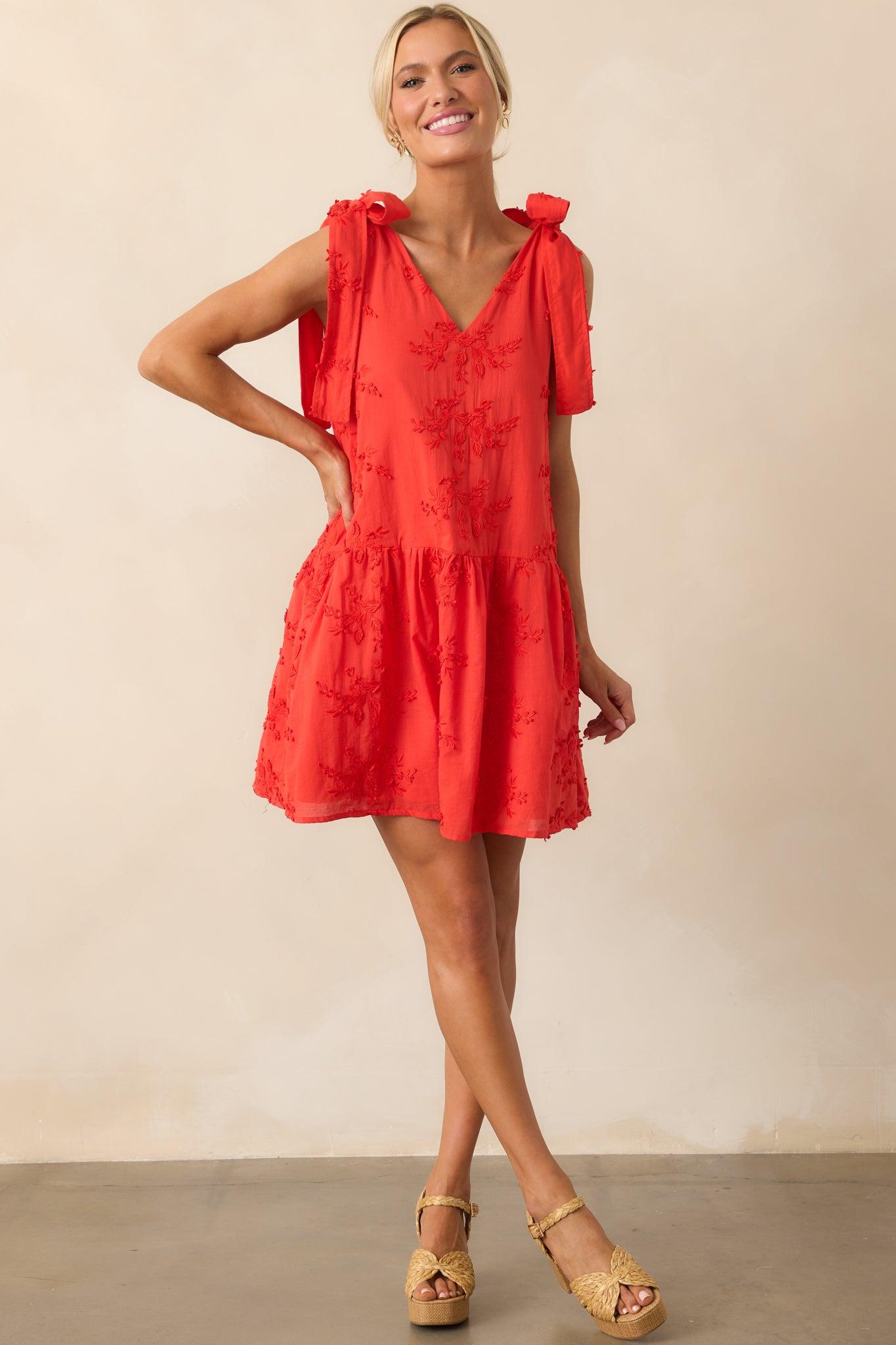 Holding Things Together Red Floral Embroidered Cotton Mini Dress Product Image