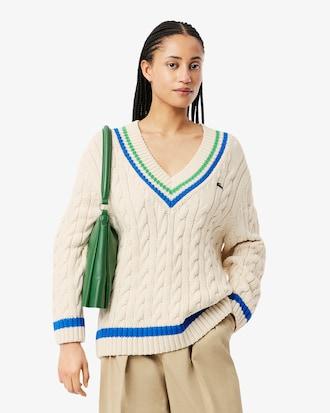 V Neck Cable Knit Cotton Tennis Sweater Product Image