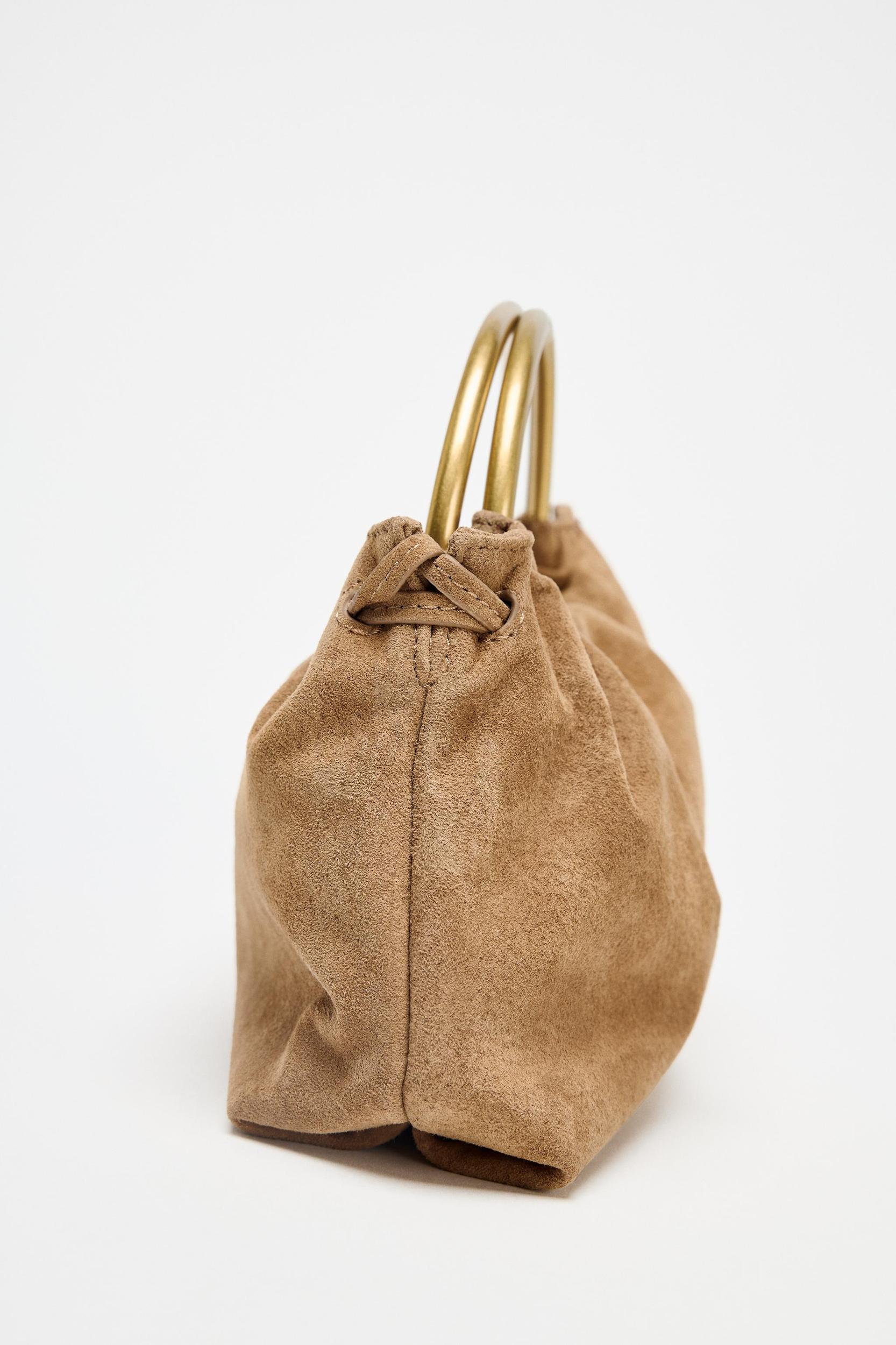 SPLIT LEATHER MINI BOWLING BAG WITH METAL HANDLE Product Image