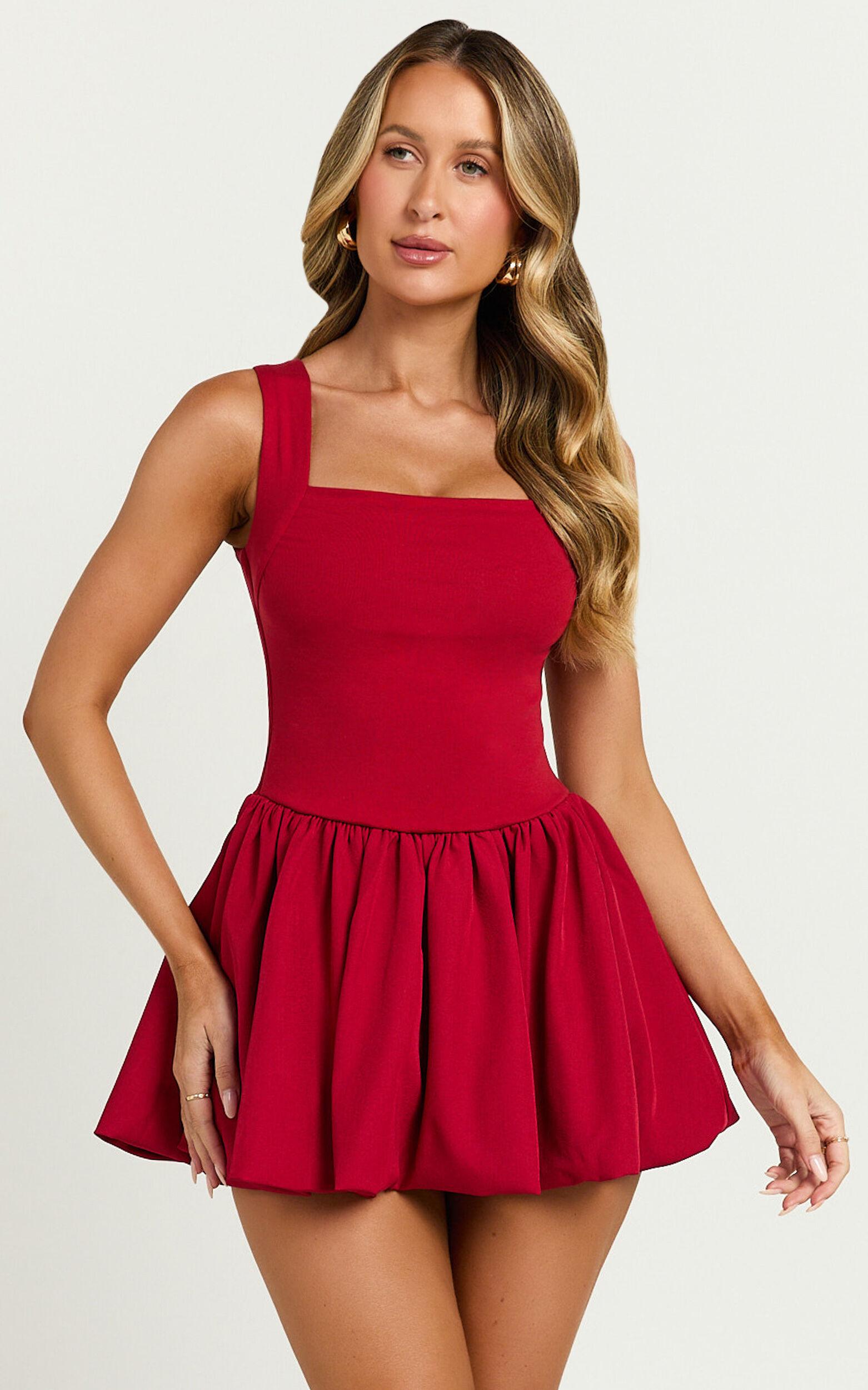 Bridgette Mini Dress - Straight Neck Sleeveless Bubble Hem Dress in Red Product Image