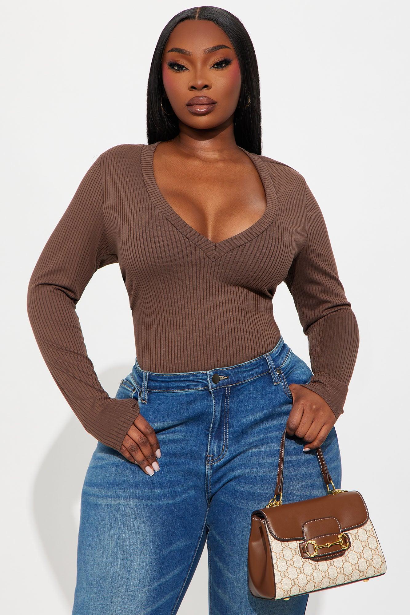 Alora Ribbed Long Sleeve Bodysuit - Brown Female Product Image