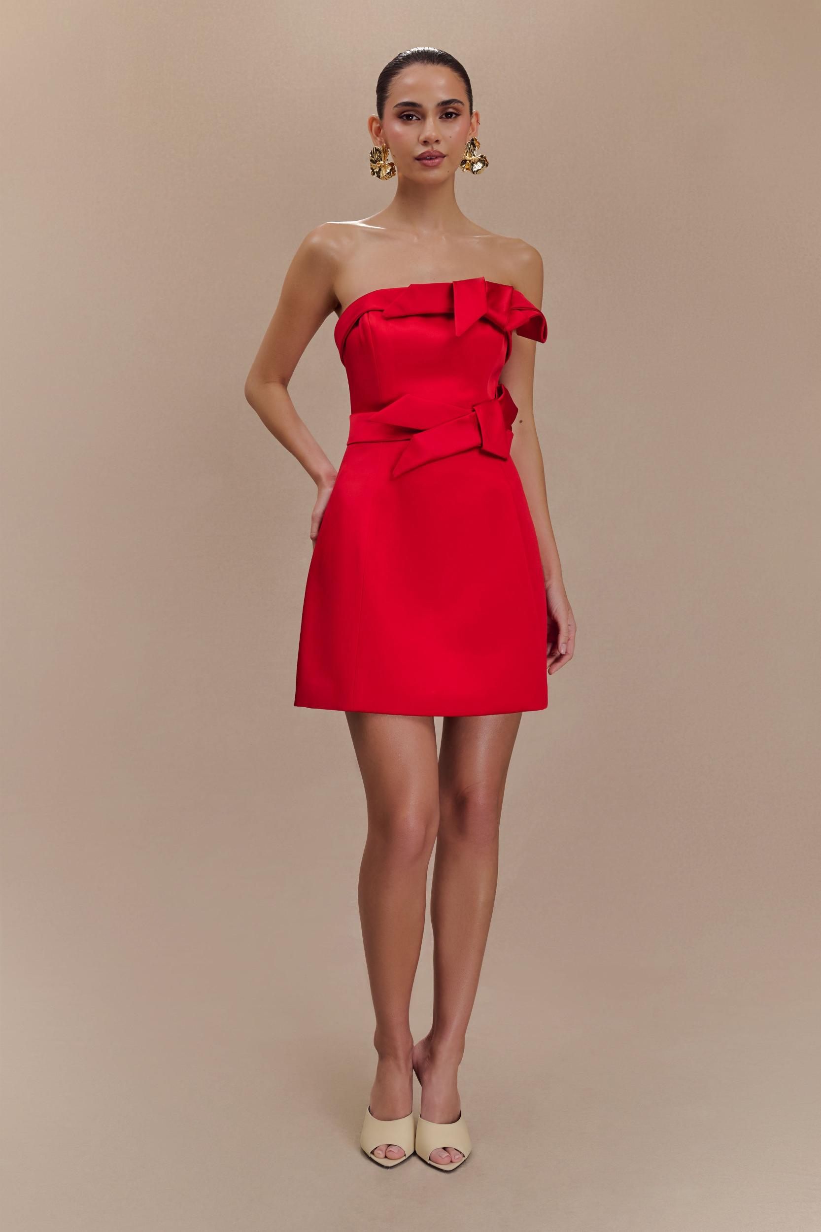 Tatiana Satin Strapless Bow Mini Dress - Red Product Image