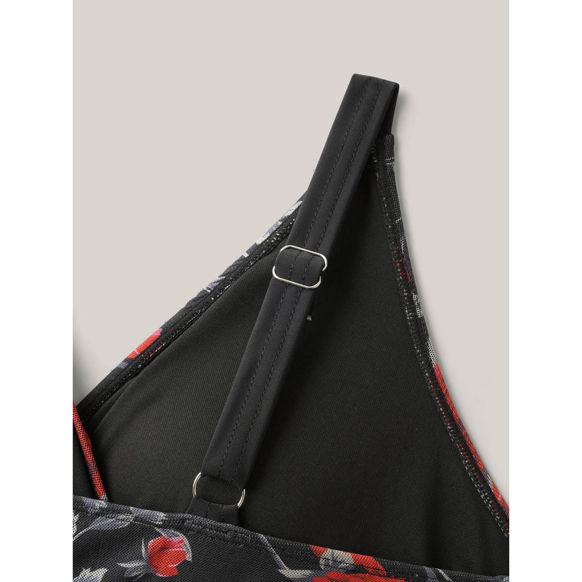 Plus Size Midnight Roses Sheer Pleated Swim Dress Women's Swimwear Black Beach Bodycon Overlap Collar High stretch Curve Swim Dresses BloomChic 12/L Product Image