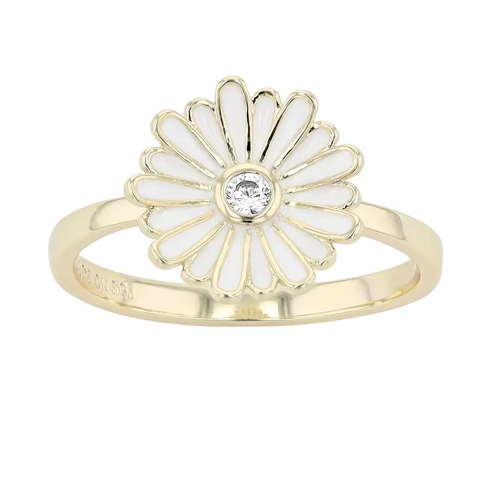 14k Yellow Gold Plated Cubic Zirconia White Enamel Daisy Flower Ring, Womens Gold Tone Product Image