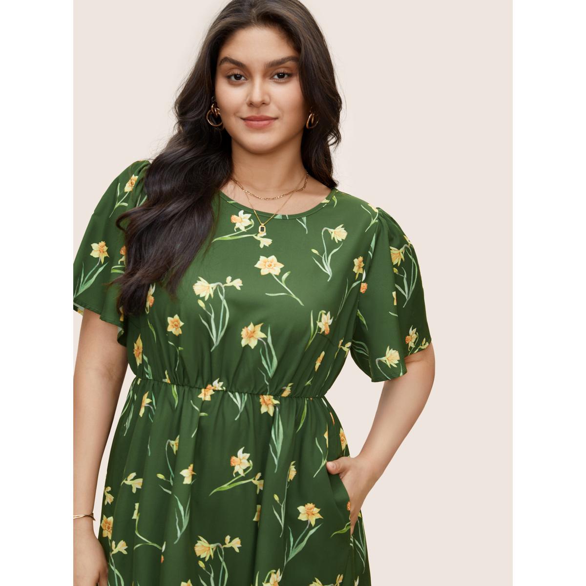 Plus Size Floral Print Gathered Elastic Waist Midi Dress Moss Women Elegant Non Round Neck Short sleeve Curvy Midi Dress BloomChic 10/M Product Image