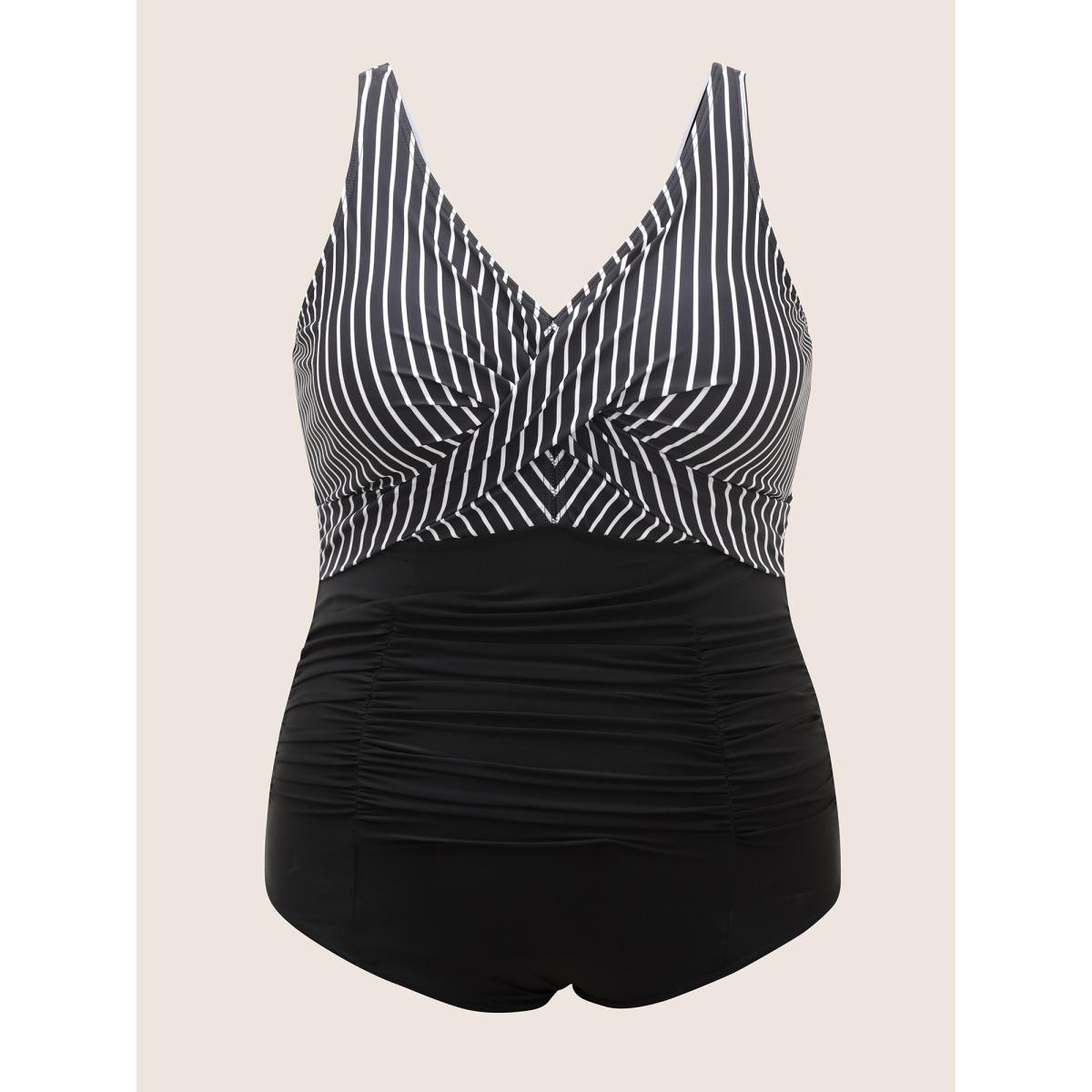 Plus Size V Neck Striped Patchwork Ruched One Piece Swimsuit Women's Swimwear Black Beach Twist Curve Bathing Suits High stretch One Pieces BloomChic 26/4X Product Image