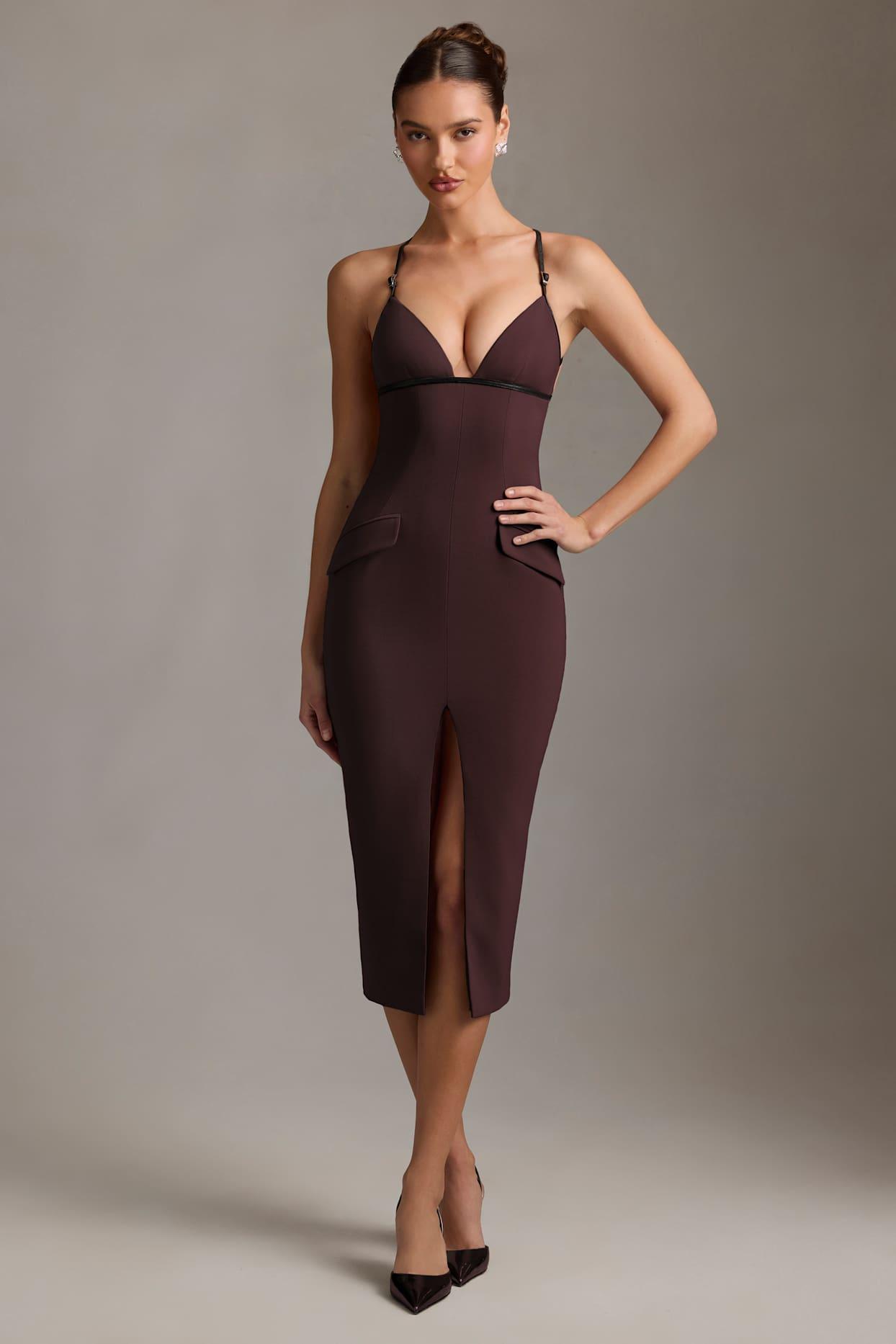 Plunge-Neck Backless Midaxi Dress in Chocolate Brown Product Image
